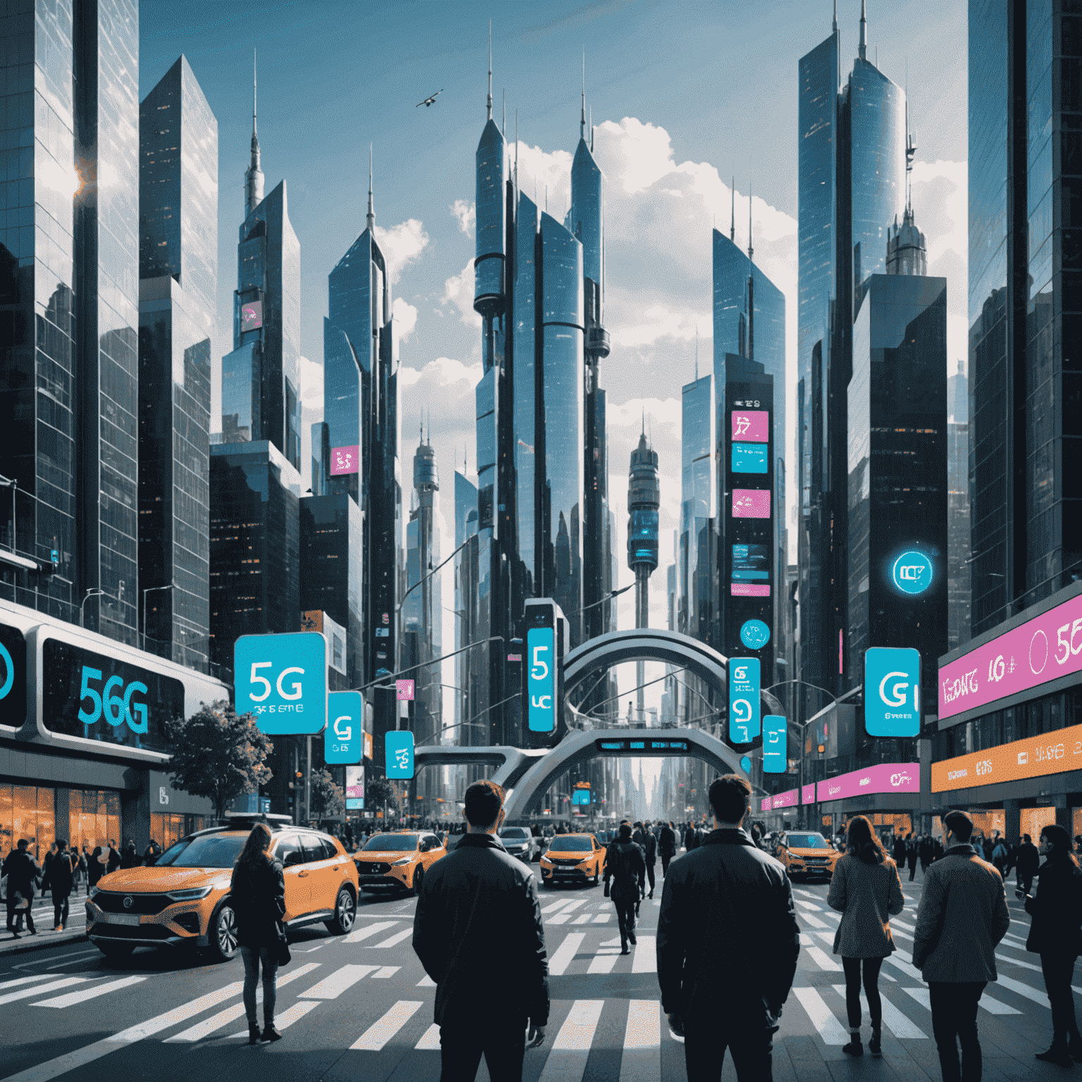 A futuristic cityscape with 5G towers and people using advanced mobile devices, showcasing the integration of 5G technology in urban environments