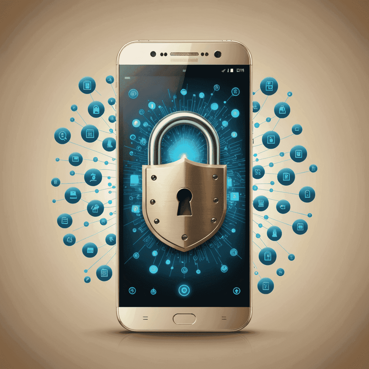 A smartphone with a lock icon on the screen, symbolizing mobile security measures. Various security symbols like shields, fingerprints, and encrypted data floating around the device.