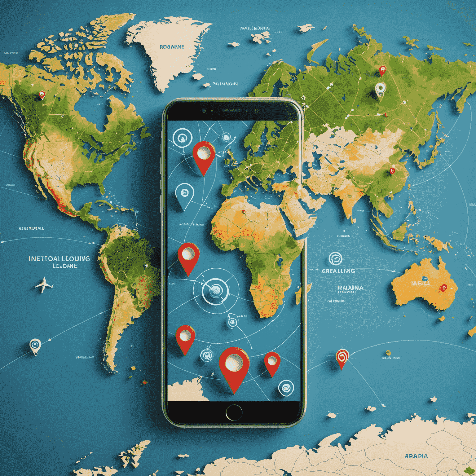 World map highlighting international roaming coverage areas, showing a mobile phone with global connectivity symbols