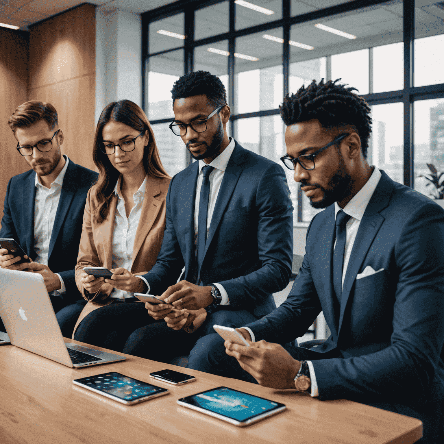 A group of business professionals using various mobile devices for communication in a modern office setting, showcasing 5G technology and advanced phone solutions