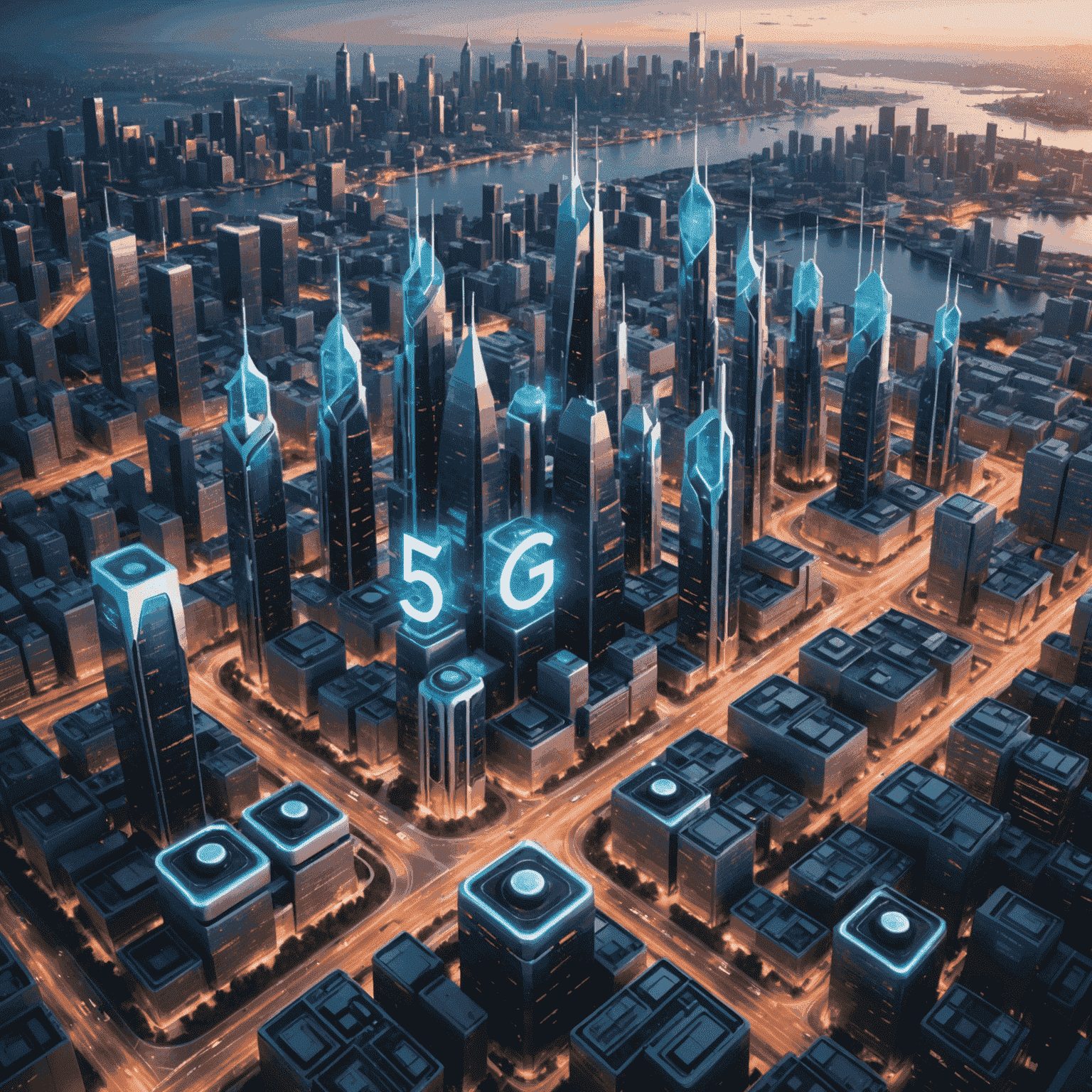 A futuristic cityscape with 5G towers and connected devices, showcasing the latest developments in 5G technology