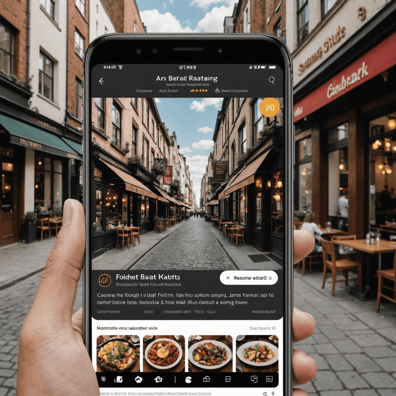 Screenshot of the Augmented Reality City Guide app showing a street view with AR overlays of restaurant ratings and historical information