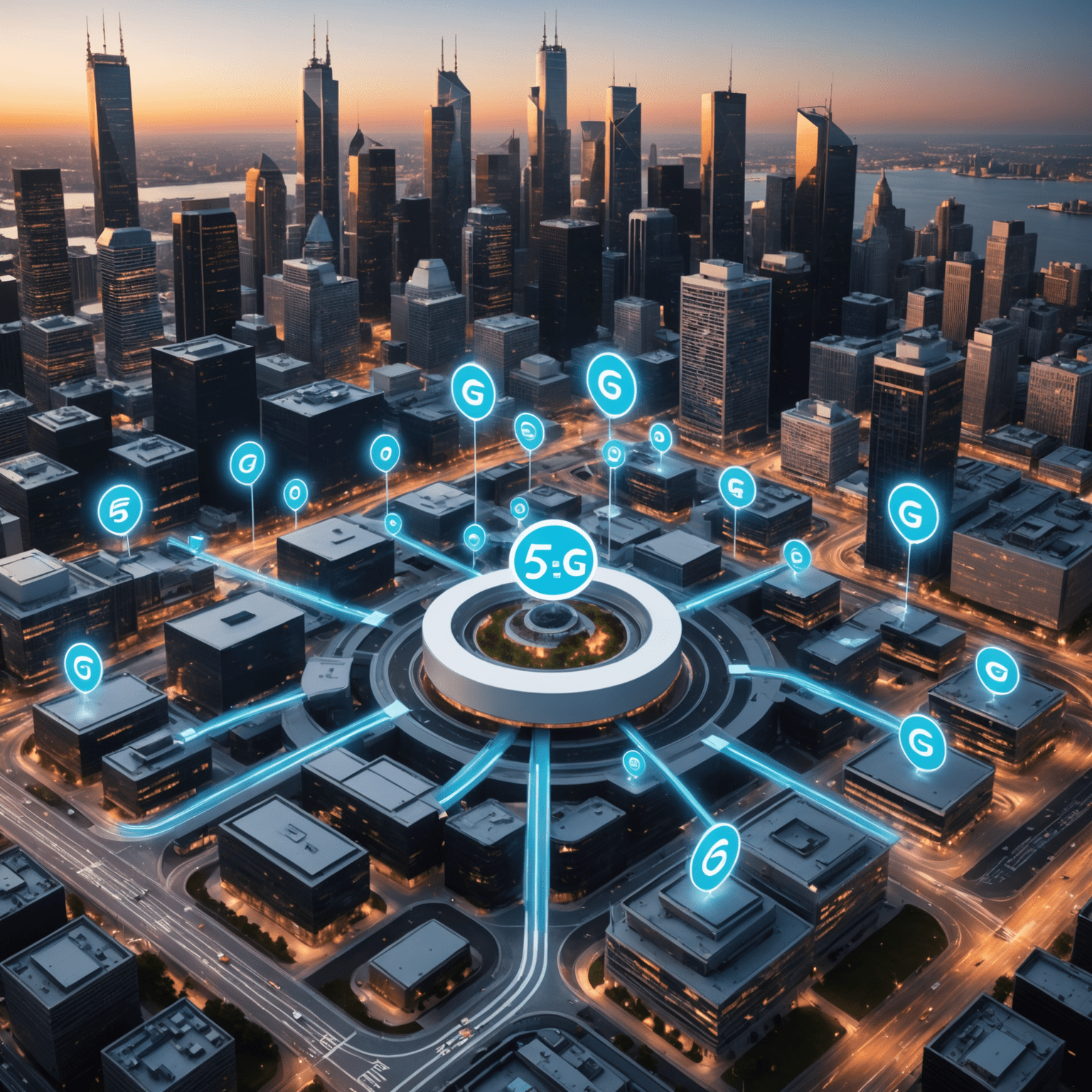 Visual representation of 5G network capabilities, showing fast data transfer, low latency, and multiple connected devices in a business environment
