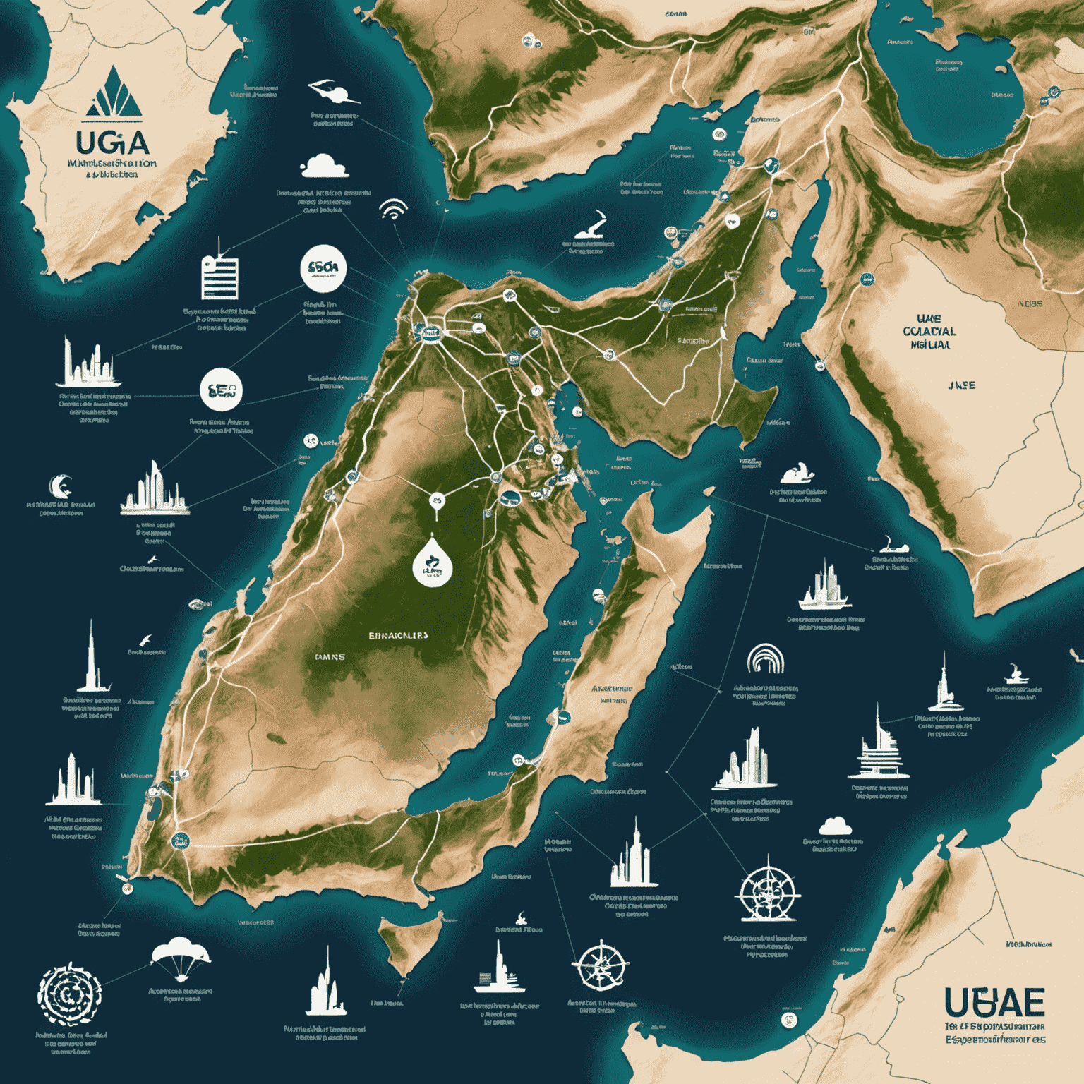 A map of the UAE highlighting 5G coverage areas, with icons representing various 5G-enabled services and applications across different emirates