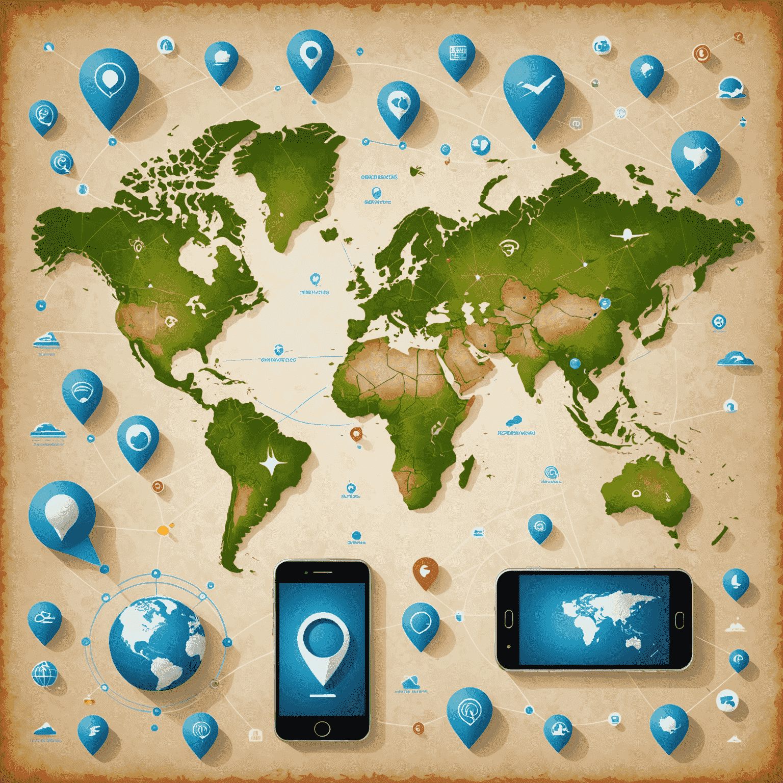 World map with mobile signal icons, representing global connectivity and roaming services