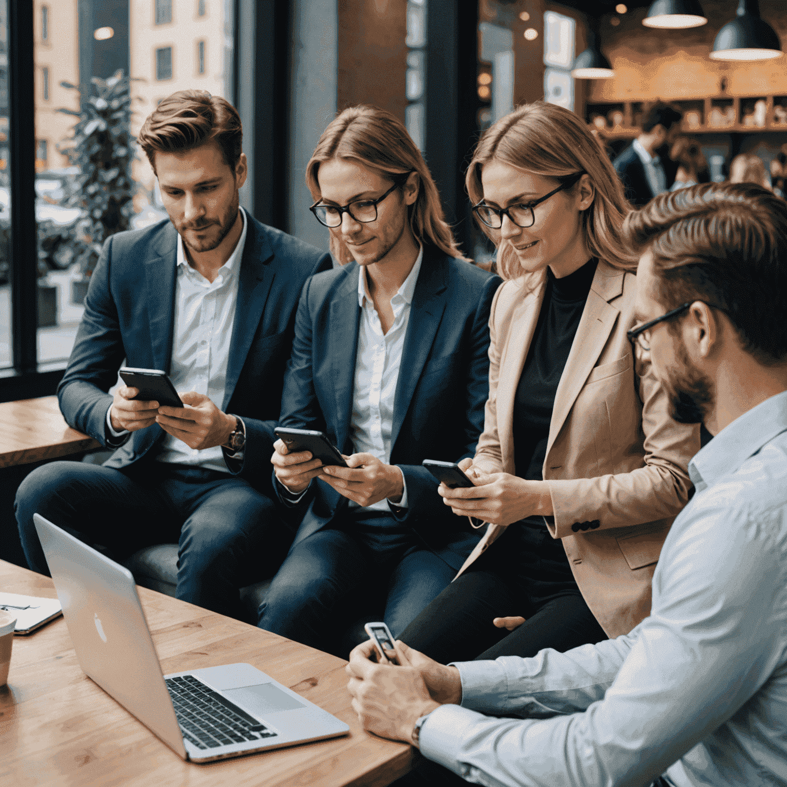 Professional setting with people using mobile devices for work, emphasizing business connectivity
