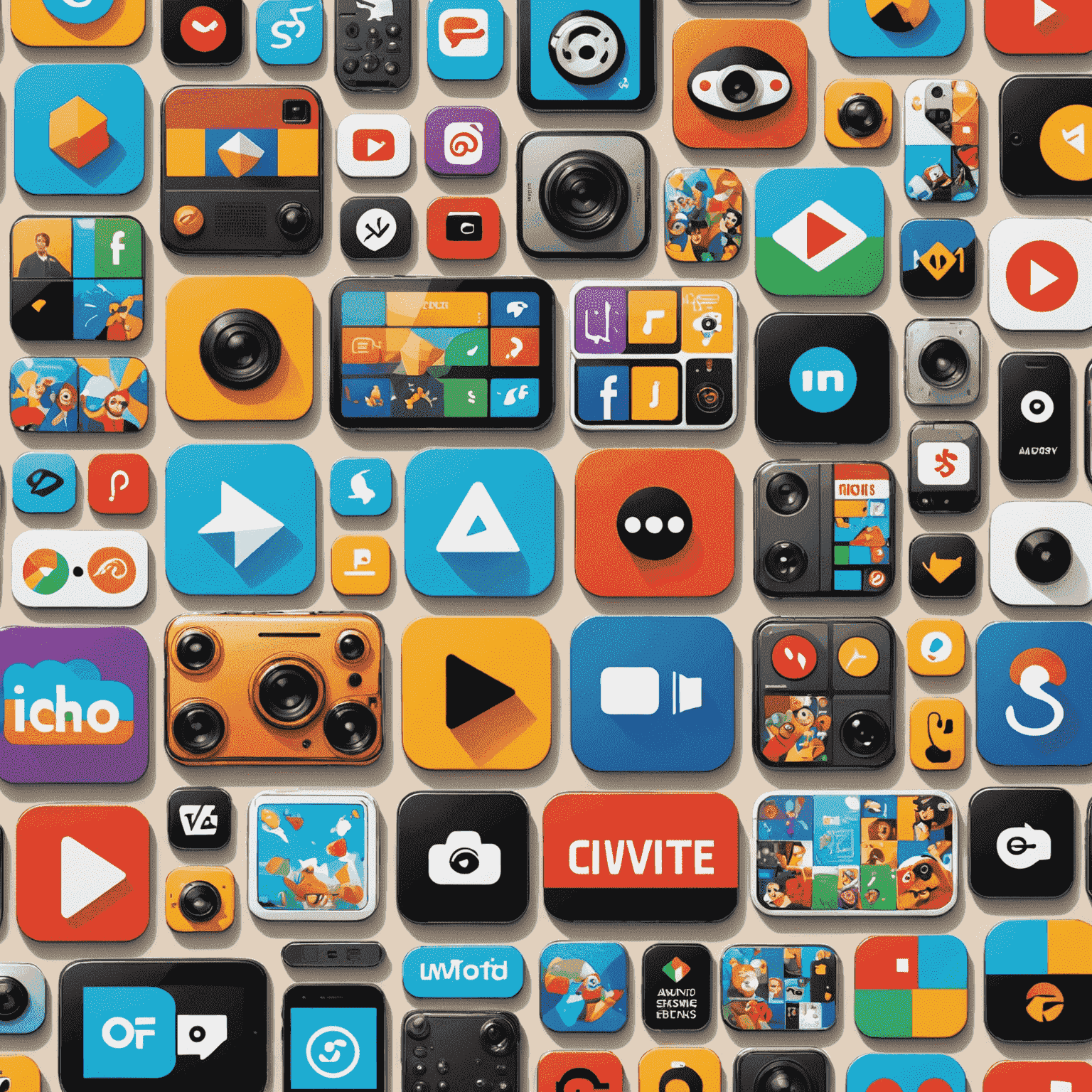 A collage of entertainment icons including games, music, and videos on a smartphone screen