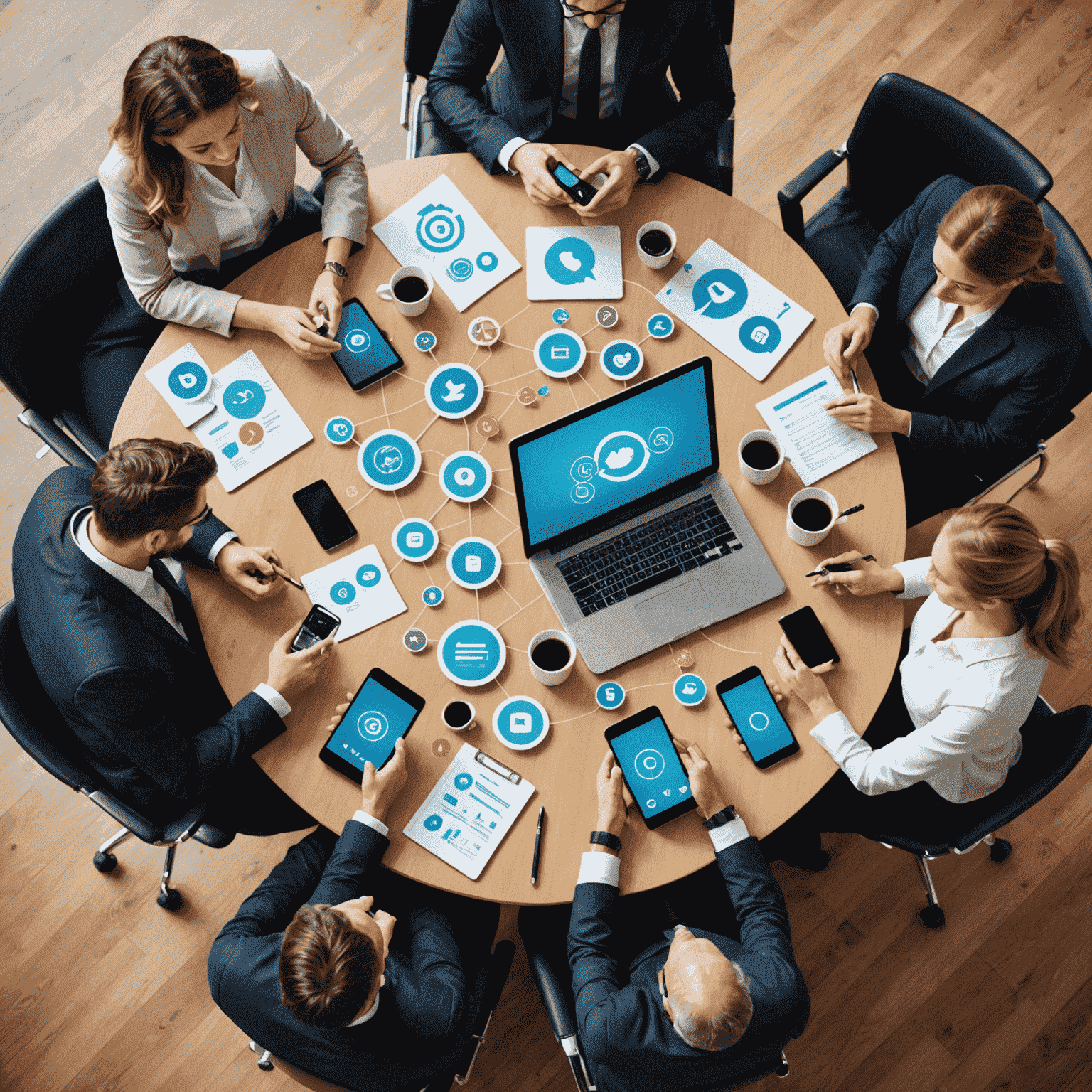 Professional setting with business people using mobile devices, surrounded by icons representing communication and productivity tools